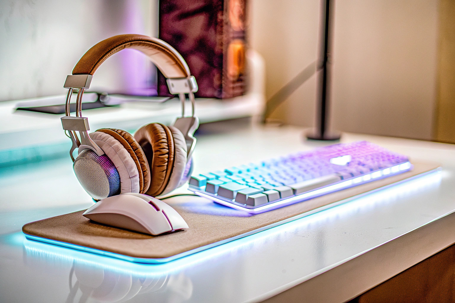 Verschiedene Gaming-Ausrüstungen, darunter Headset, Maus, Tastatur und Mauspad, ordentlich auf einem Schreibtisch arrangiert. Verschiedene Gaming-Ausrüstungen