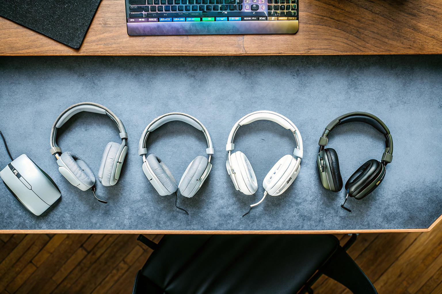 Verschiedene Gaming-Headsets, die auf einem Tisch nebeneinander liegen. Gaming-Headsets auf einem Tisch