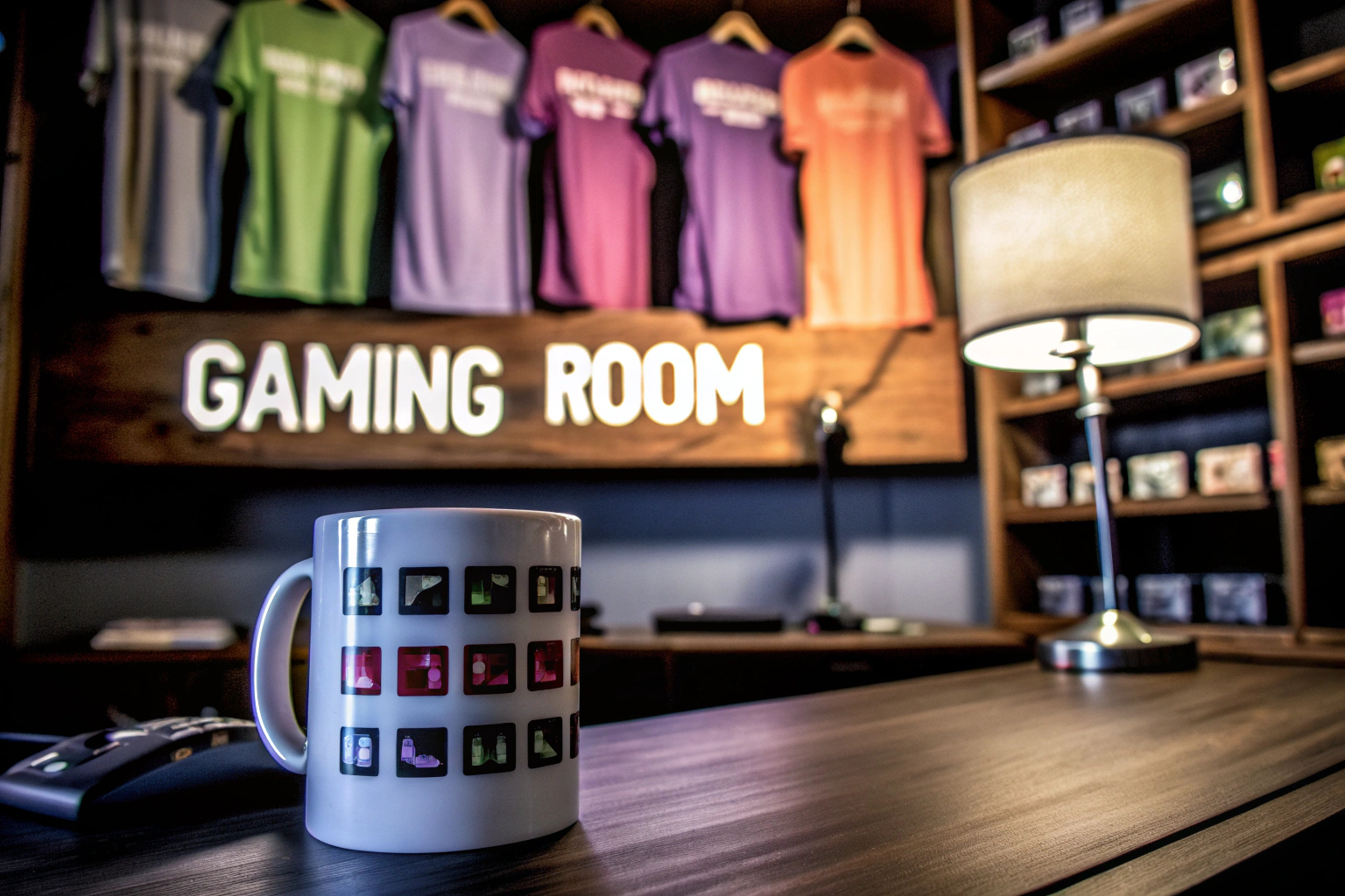 Verschiedene Gaming-Merchandise-Artikel, wie T-Shirts, Tassen und Lampen, die in einem Gaming-Zimmer pr Gaming-Merchandise in einem Gaming-Zimmer