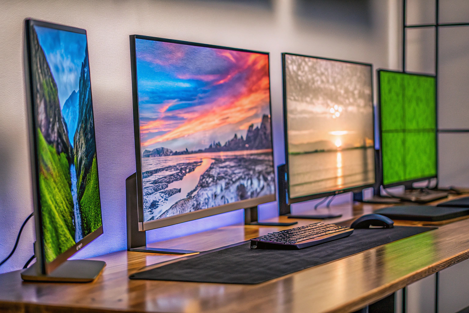 Verschiedene Gaming-Monitore in unterschiedlichen Größen und Designs auf einem Schreibtisch. Verschiedene Gaming-Monitore