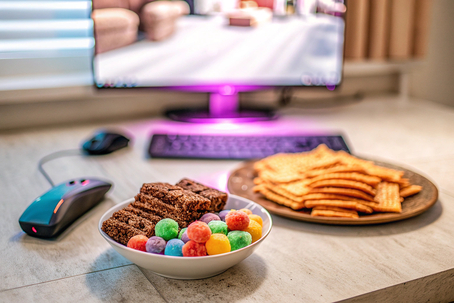 Verschiedene Gaming-Snacks auf einem Tisch neben einem Gaming-Setup. Gaming-Snacks neben Gaming-Setup