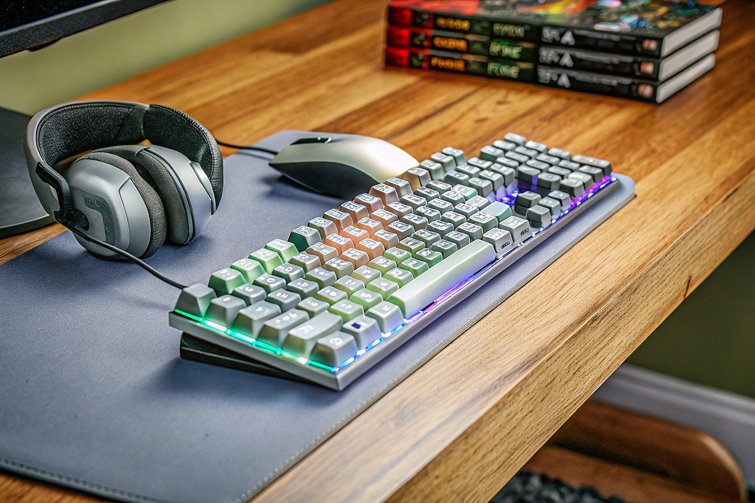 Verschiedene Gaming-Zubehörteile auf einem Tisch, bereit für eine LAN-Party. Gaming-Zubehör für LAN-Party