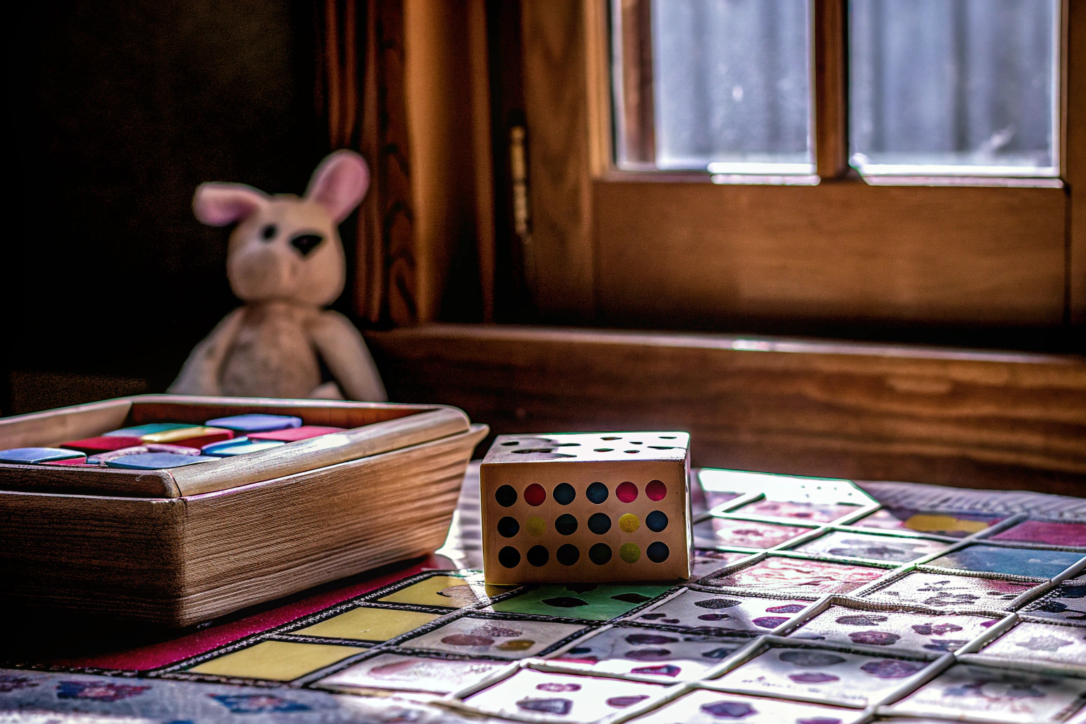 Verschiedene klassische Kinderspiele auf einem Tisch. Klassische Kinderspiele