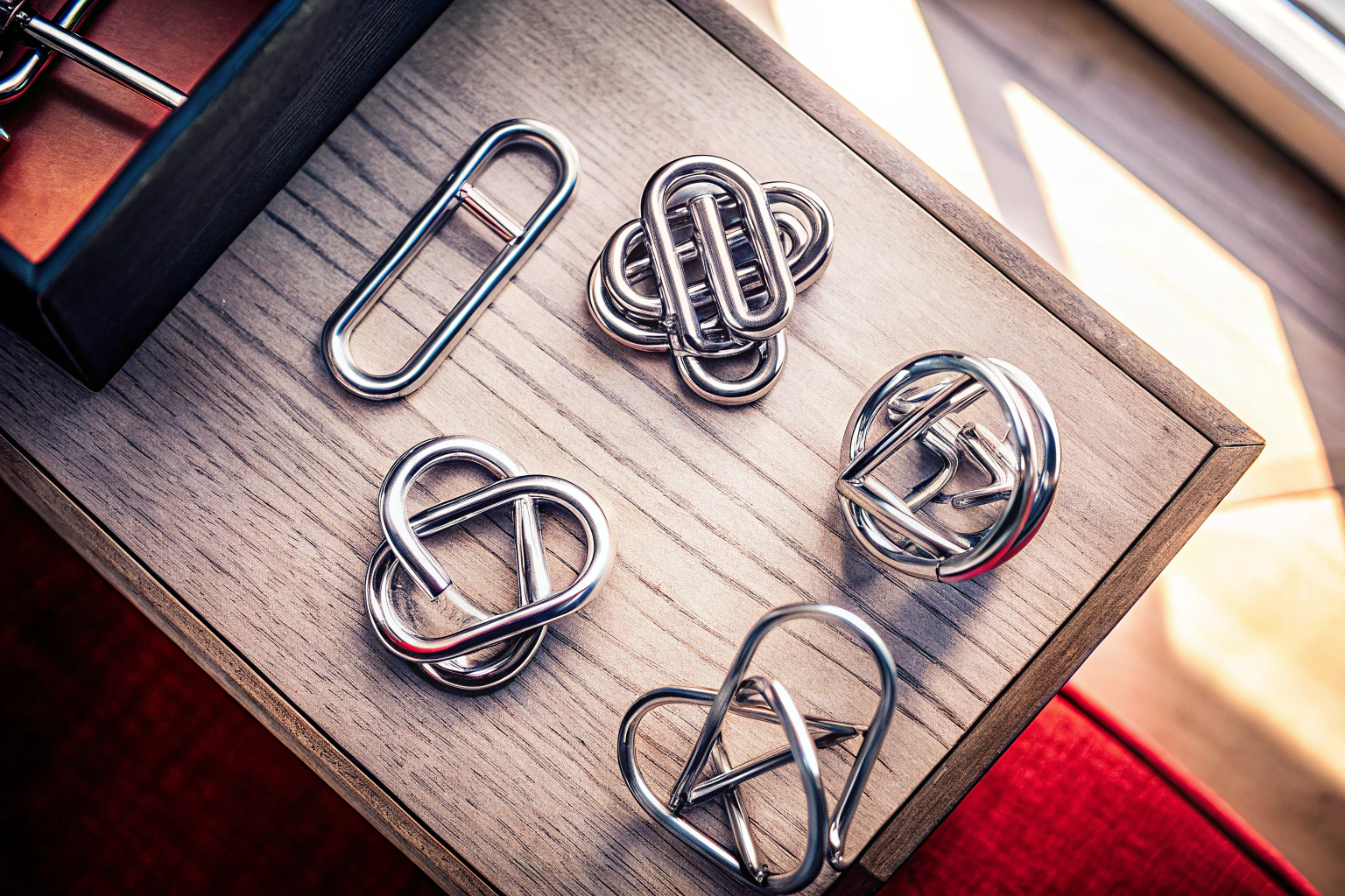 Verschiedene Metallpuzzles aus dem Qanmua Knobelspiele Set, die auf einem Tisch verteilt sind. Metallpuzzles aus dem Qanmua Set