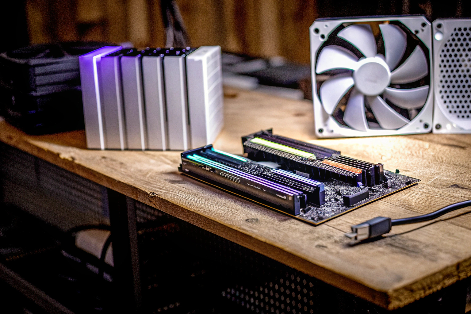 Verschiedene PC-Komponenten nebeneinander auf einem Tisch PC-Komponenten für den Zusammenbau
