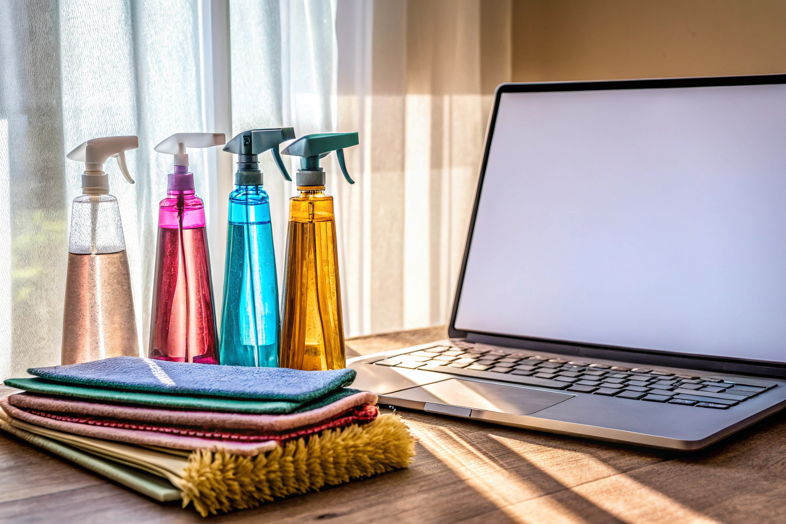 Verschiedene Reinigungsprodukte für Laptops auf einem Tisch. Reinigungsprodukte für Laptops