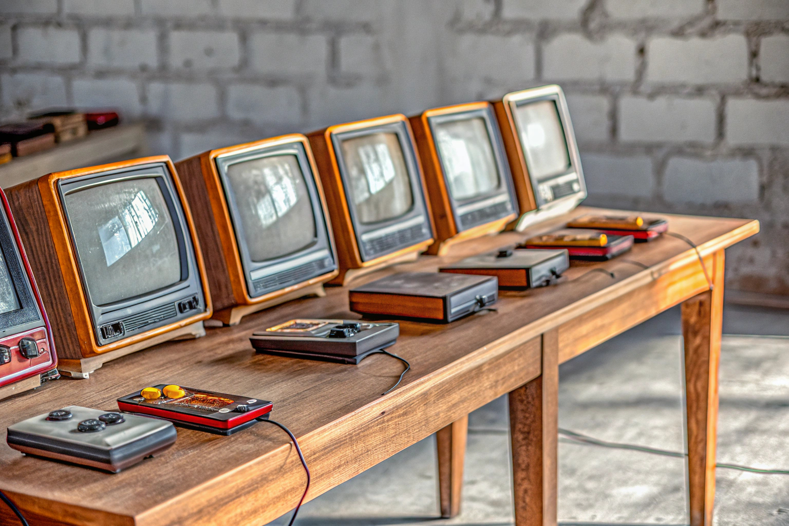 Verschiedene Retro-Konsolen-Modelle auf einem Tisch ausgestellt. Retro-Konsolen-Modelle