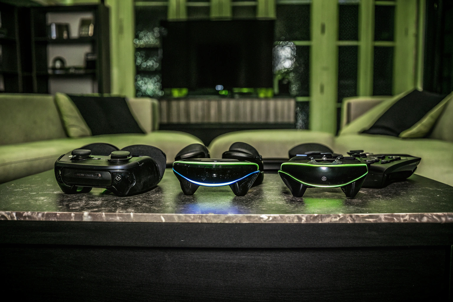 Verschiedene VR-Headsets auf einem Tisch zur Auswahl. Auswahl an VR-Headsets