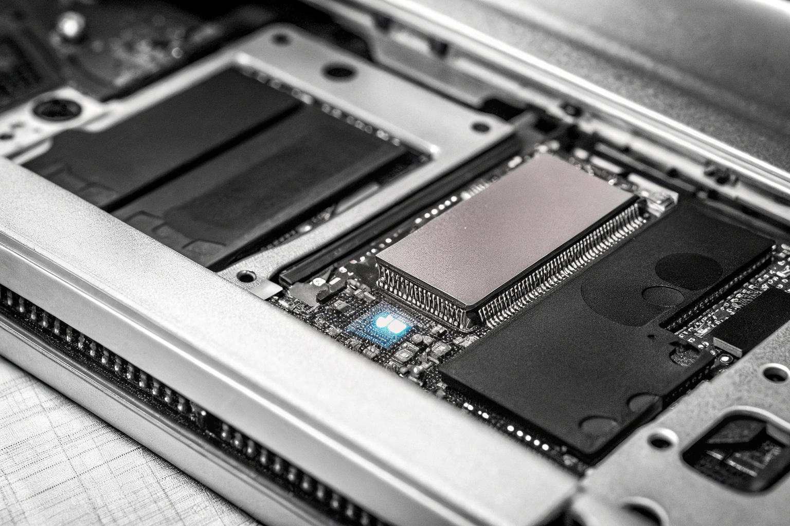WD Blue SN580 NVMe SSD, eingebaut in ein Gaming-Laptop, mit Fokus auf die M.2-Schnittstelle. WD Blue SN580 NVMe SSD