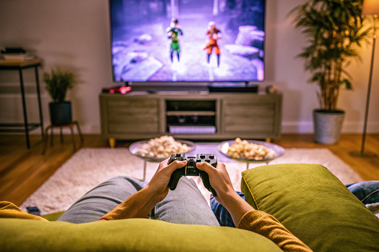 Zwei Freunde spielen gemeinsam ein Koop-Videospiel auf der Couch. Gamer spielen Koop-Spiel