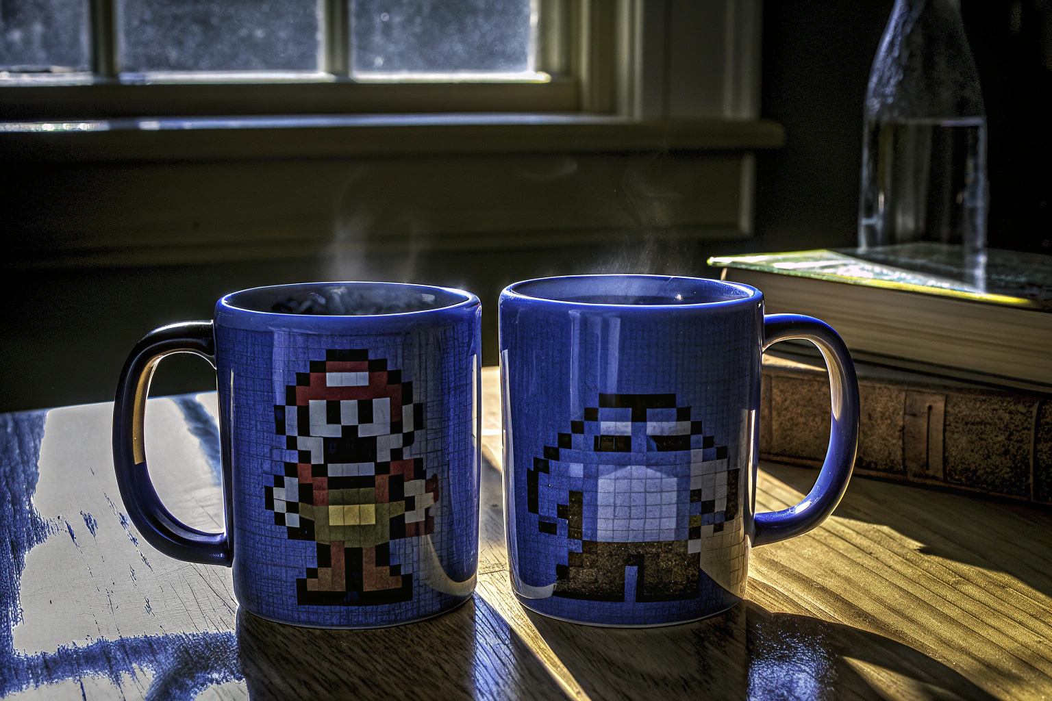 Zwei Gaming-Tassen stehen nebeneinander, gefüllt mit dampfendem Kaffee. Gaming-Tassen