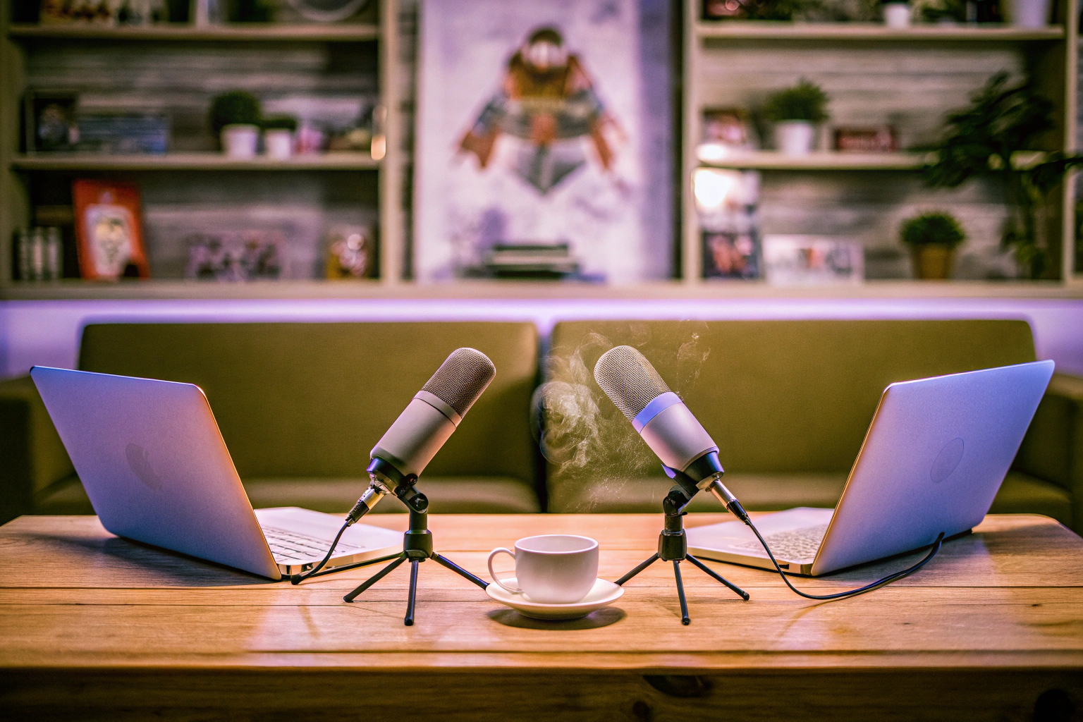 Zwei Podcaster, die an einem Tisch sitzen und mit Mikrofonen und Laptops ausgestattet sind. Podcaster bei der Arbeit