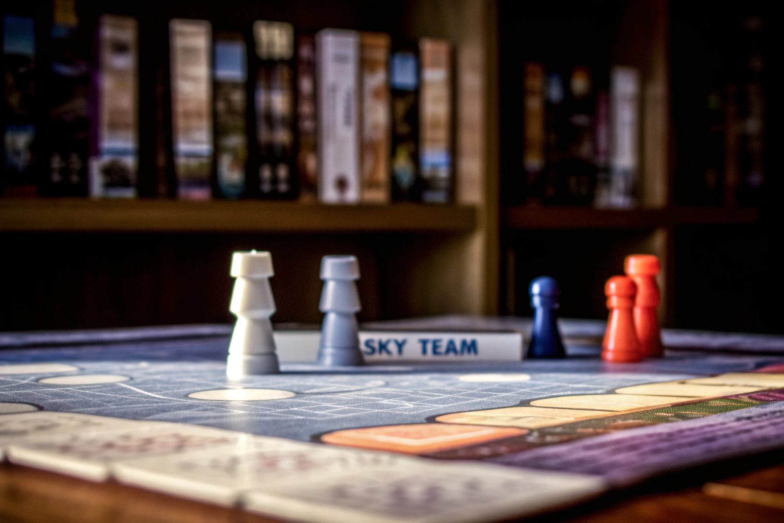 Zwei Spieler, die intensiv über das Strategiespiel 'Sky Team' diskutieren, um ihre nächste Aktion zu planen. Spielszene aus Sky Team